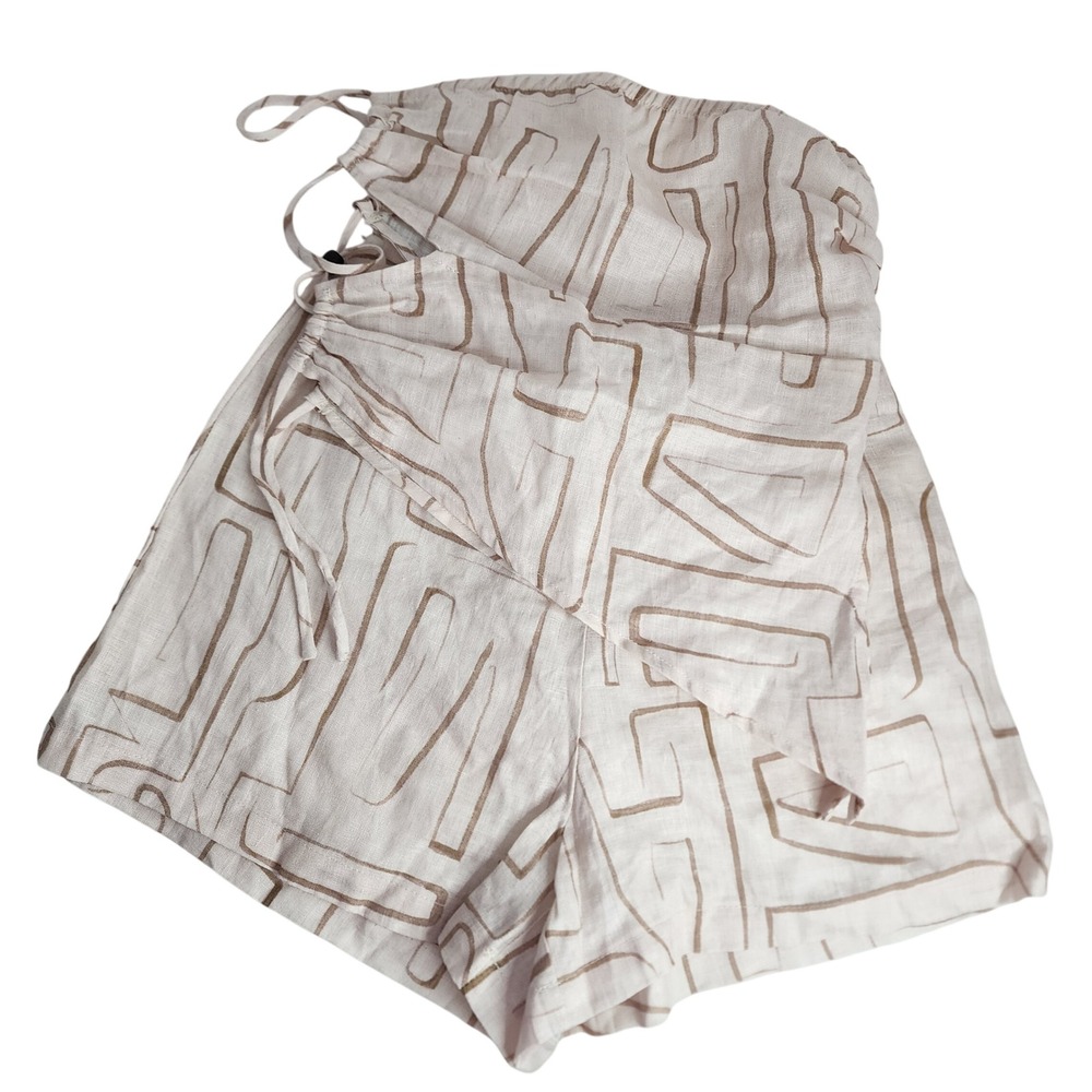 VRG GRL Short Set Women 4 Cream Brown Abstract Linen Blend Scarf Top Shorts